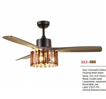 52 Inch DC Motor Ceiling Fan Light Black Housing Finish 3 Solid Wood Blades Reversible
