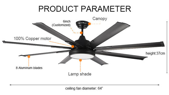 Decorative 35w 8 Vane 64 Inch Ceiling Fan / Dc Motor Ceiling Fan With Light And Remote