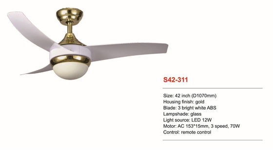 42 Inch Dimmable Remote Control Ceiling Fan 3 Bright White ABS Blades