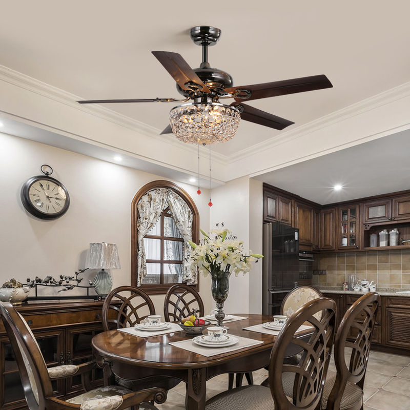 4100K 3600LM Crystal Flush Mount Ceiling Fan Office Ceiling Fan With Light Pull Chain