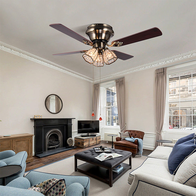 Minimalist Style Antique Brass Crystal Led Ceiling Fan 100lm/w 48inch 4 Blades